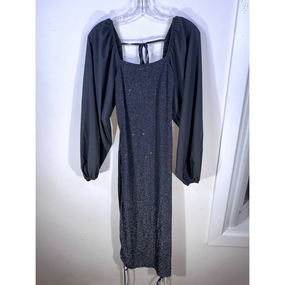 Black Glitter Puff Sleeve Cocktail Dress Square Neck Tie Back Ruched Hem